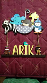 Animal Themed Hand-Painted Wooden Kids Name Plate - Design 1