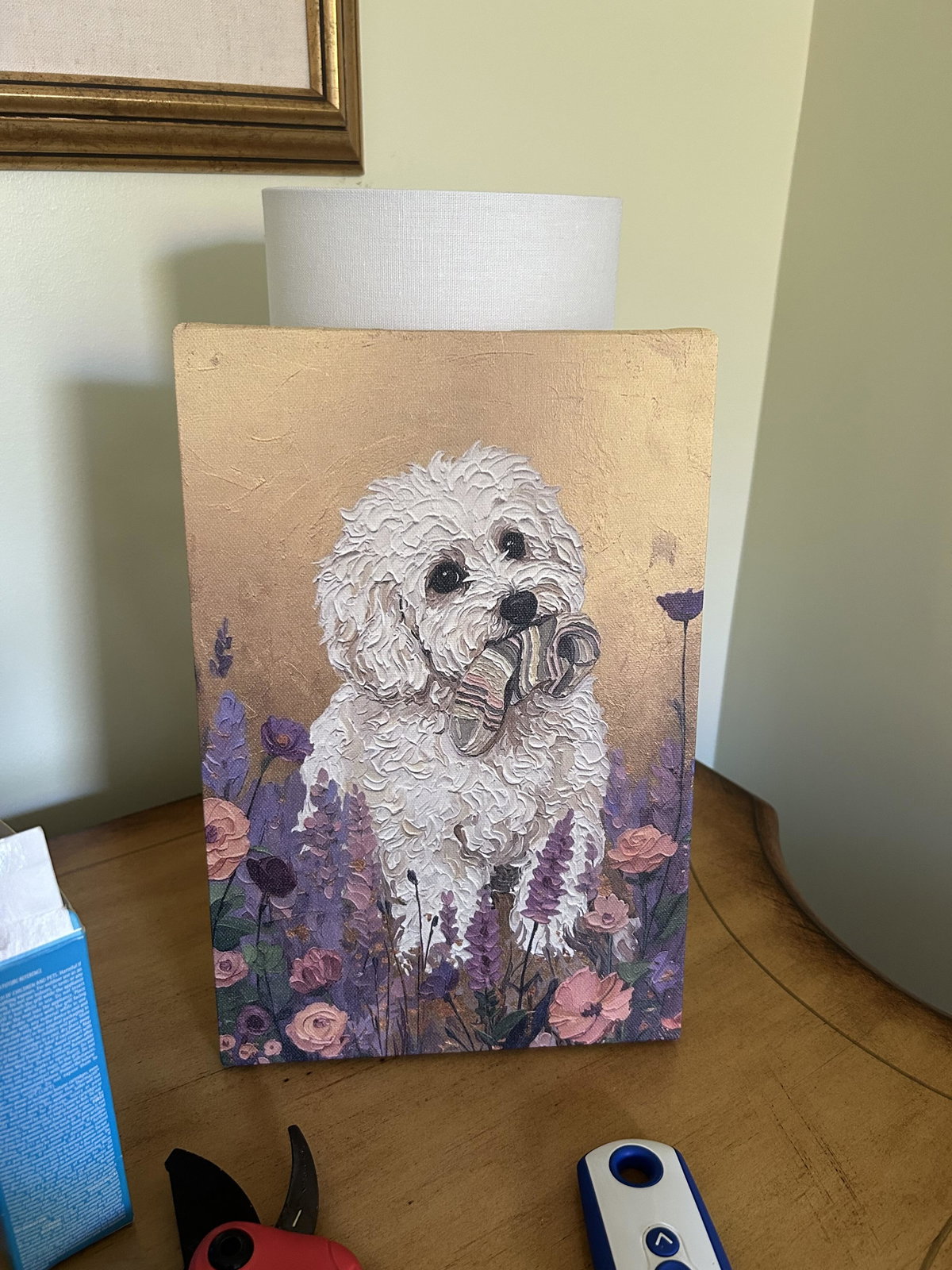 A verified Pop Prints buyer's floral pet canvas displayed at home
