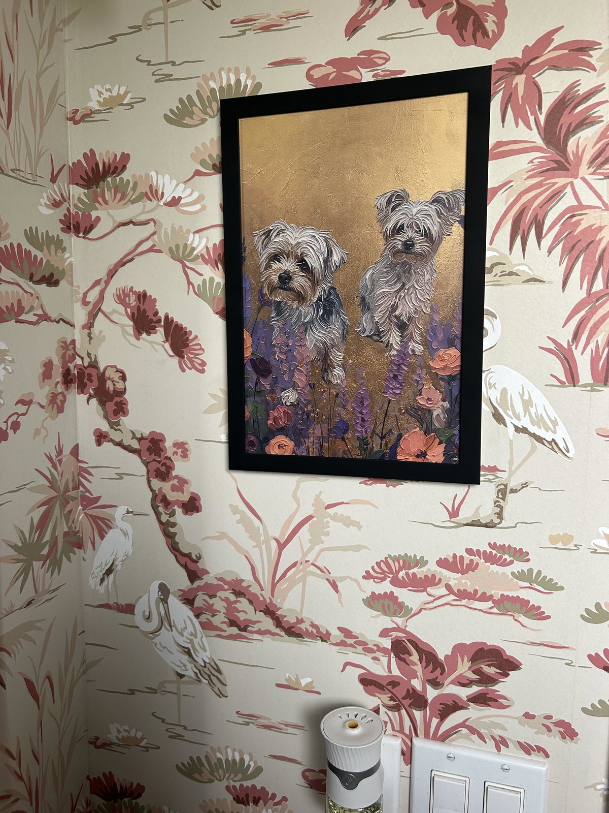 A verified Pop Prints buyer's framed two-pet portrait displayed at home