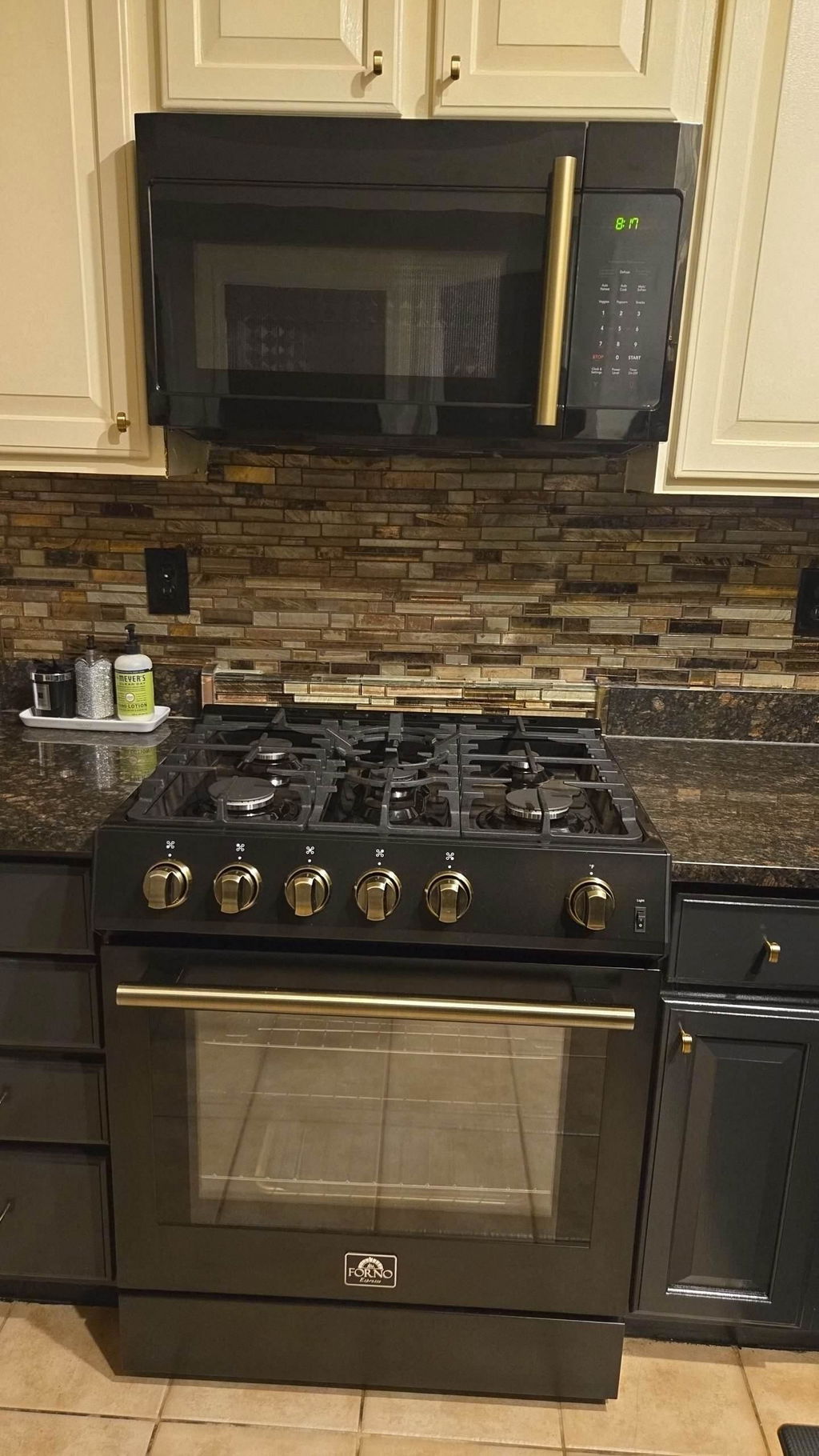 FORNO Fornace 30" 1.5 cu. ft. 300 CFM Over The Range Microwave in Black with Antique Brass Accents, FOTR3038-30BLK