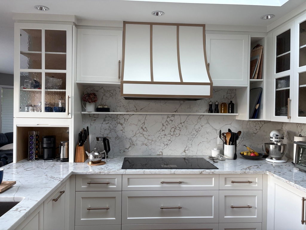 RHM Sloped Stainless Steel Custom Range Hood with Brass Accents SH8-5TRL