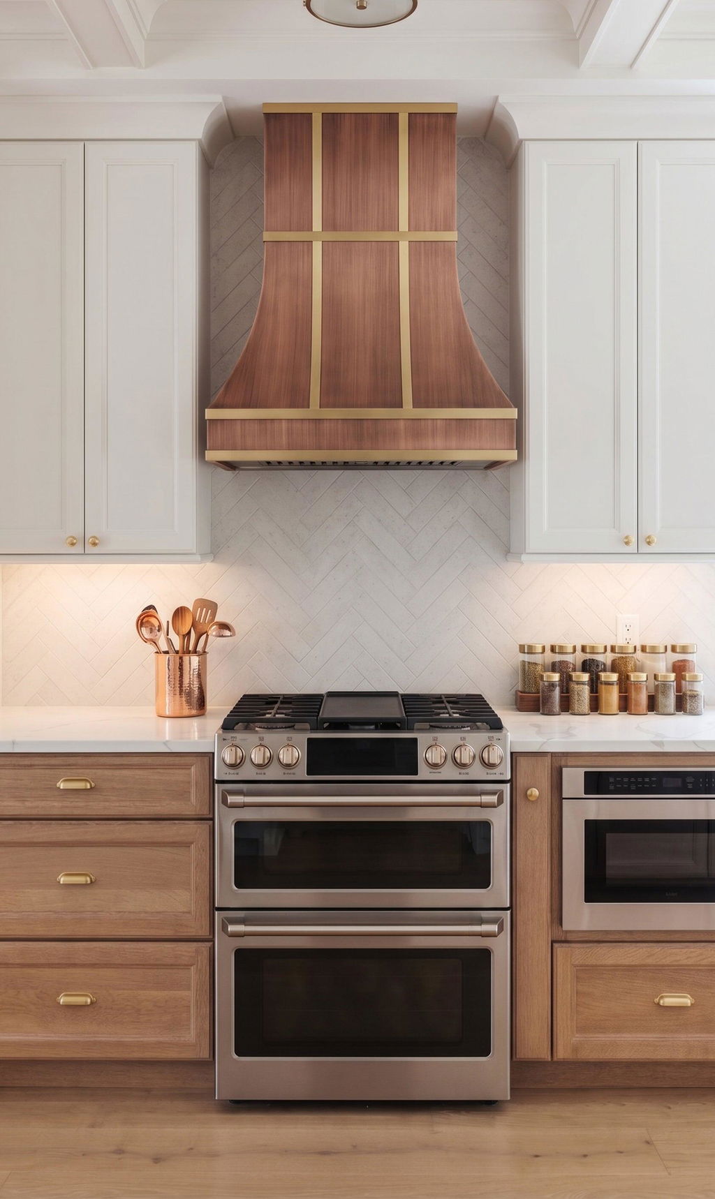 RHM Curved Stainless Steel Custom Range Hood with Brass Bands SH35-2VT1HT