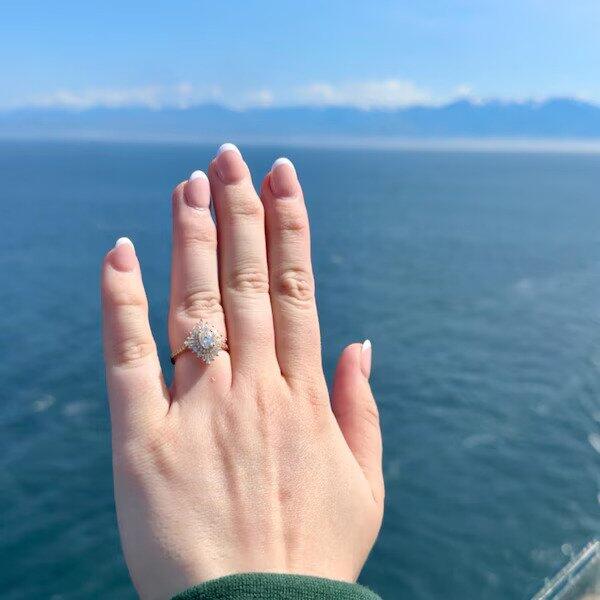 Customer photo of a Oval Lab-Grown Diamond Ballerina Sunburst Halo Engagement Ring in 14K Gold