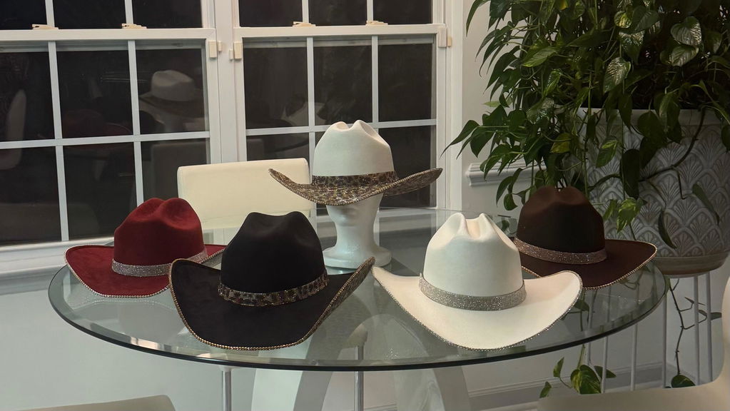 Mocha square shaped straw hat w/ black diamond rhinestones