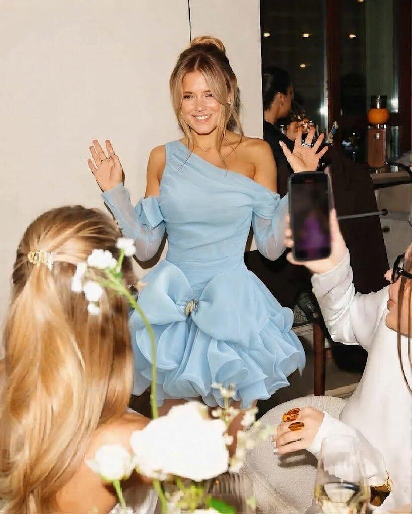 Unique One Shoulder Ruffle Party Homecoming Dress with Long Sleeves Light Blue,HD1317