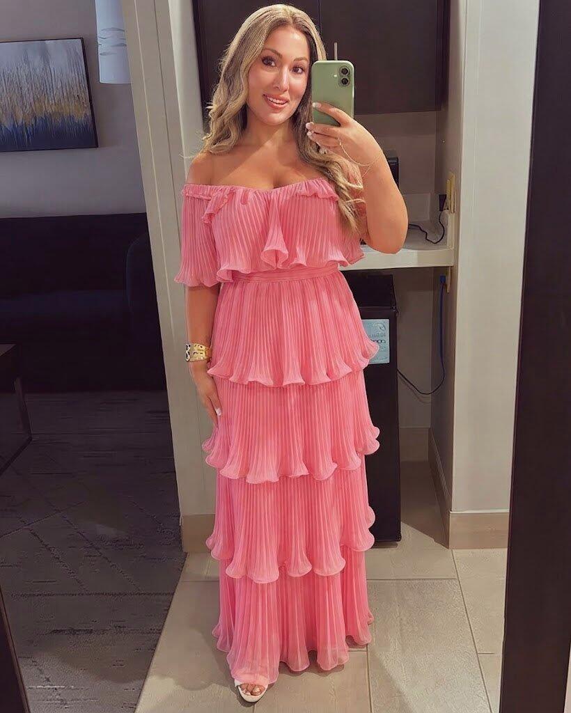 Stunning Pink Pleated Off-the-Shoulder Short Sleeve Maxi Prom Dress Classy,OLP2367
