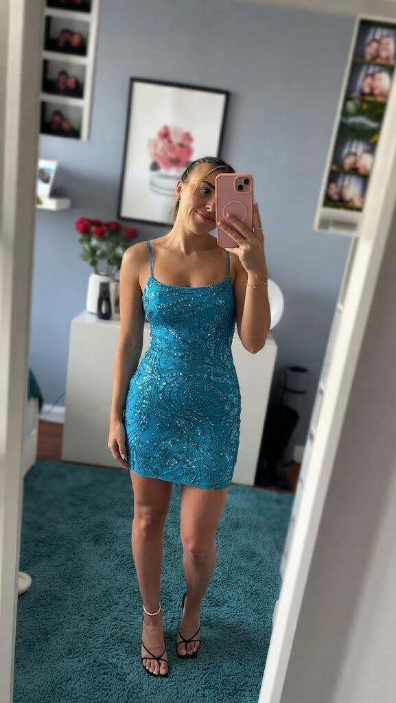 Sexy Mint Green Sequin Bodycon Homecoming Dress Fancy Spaghetti Strap Evening Wear,HD1273