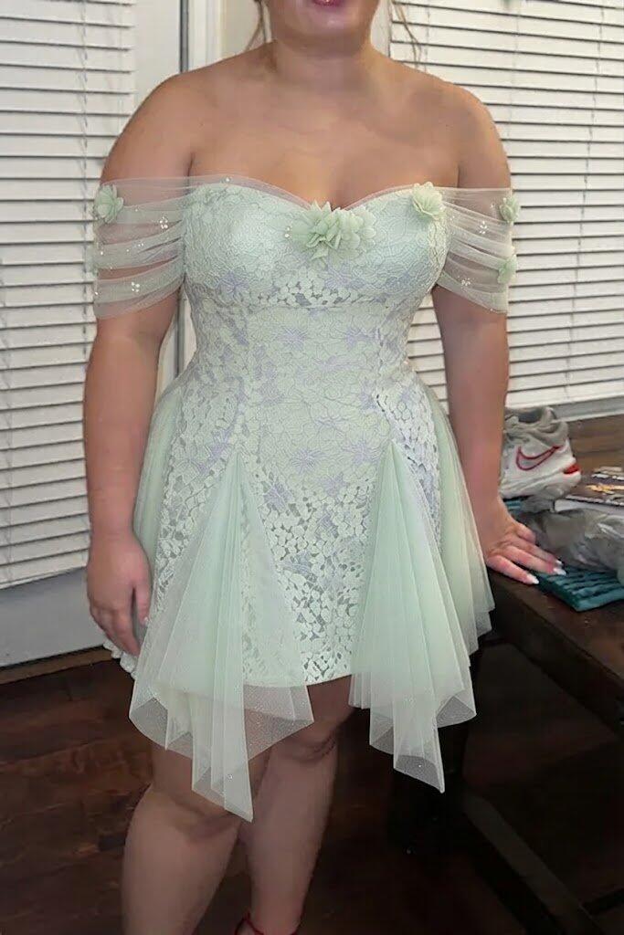 Unique Mint Green Off Shoulder A-Line Tulle Homecoming Dress with Floral Appliques,HD1337