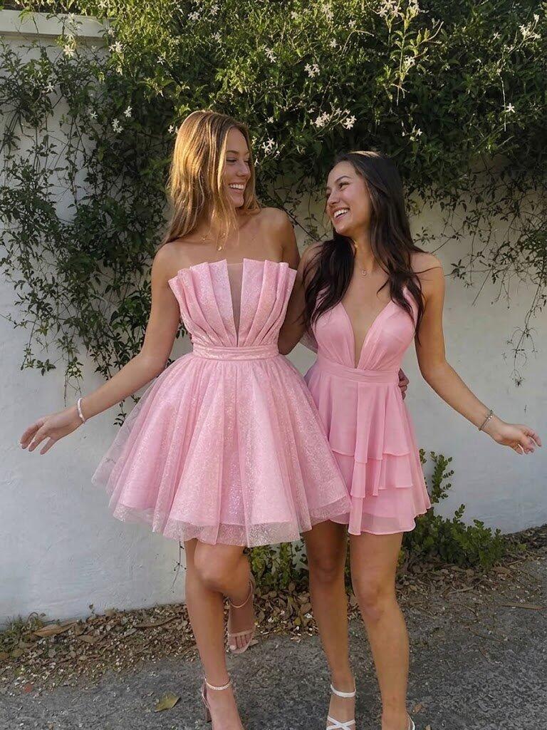 Beautiful Pink Pleated Strapless Homecoming Dress Unique Short A-Line Ball Gown,HD1248