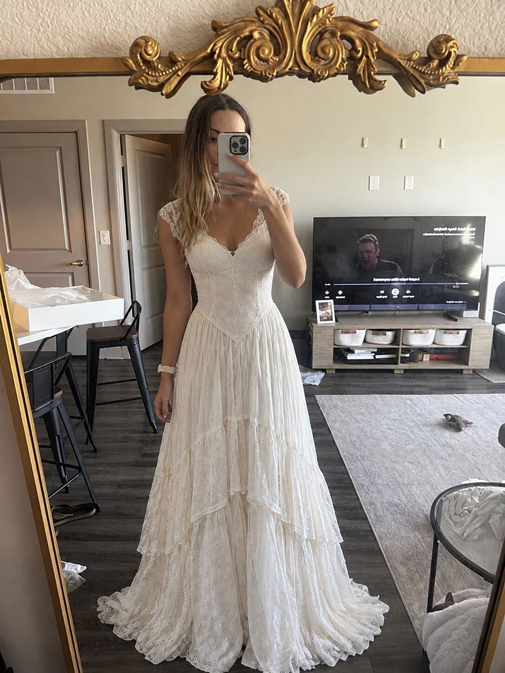 V Neck Cap Sleeve Floor Length A Line Wedding Dresses Tiered Lace Romantic,WD0649