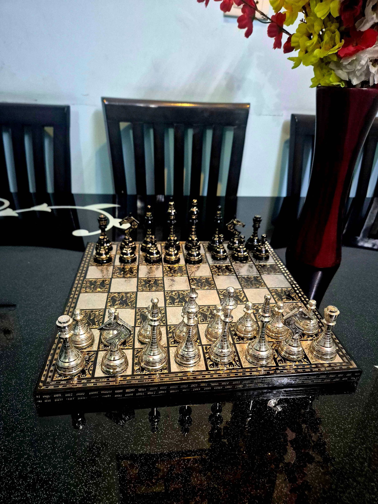 Soviet Inspired Brass Metal Luxury Chess Pieces & Board Set