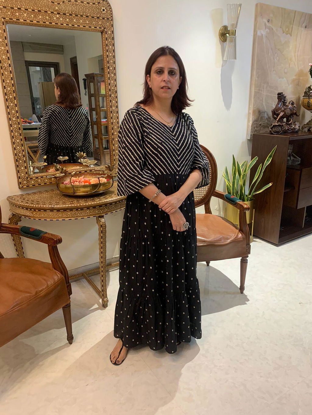 Black Bandhani & Stone Printed Tiered Dress with Flared Sleeves