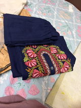 Deep Prussian blue kashida suit review photo