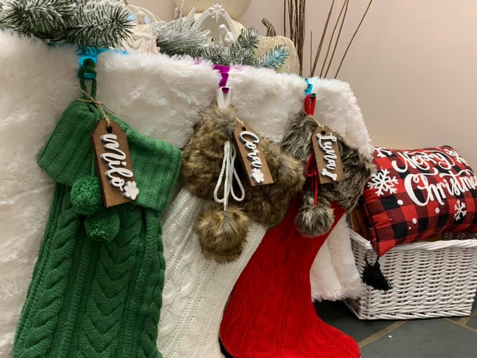 Custom Laser Cut Wood Christmas Stocking Tags - Walnut stained base White 3D Letters