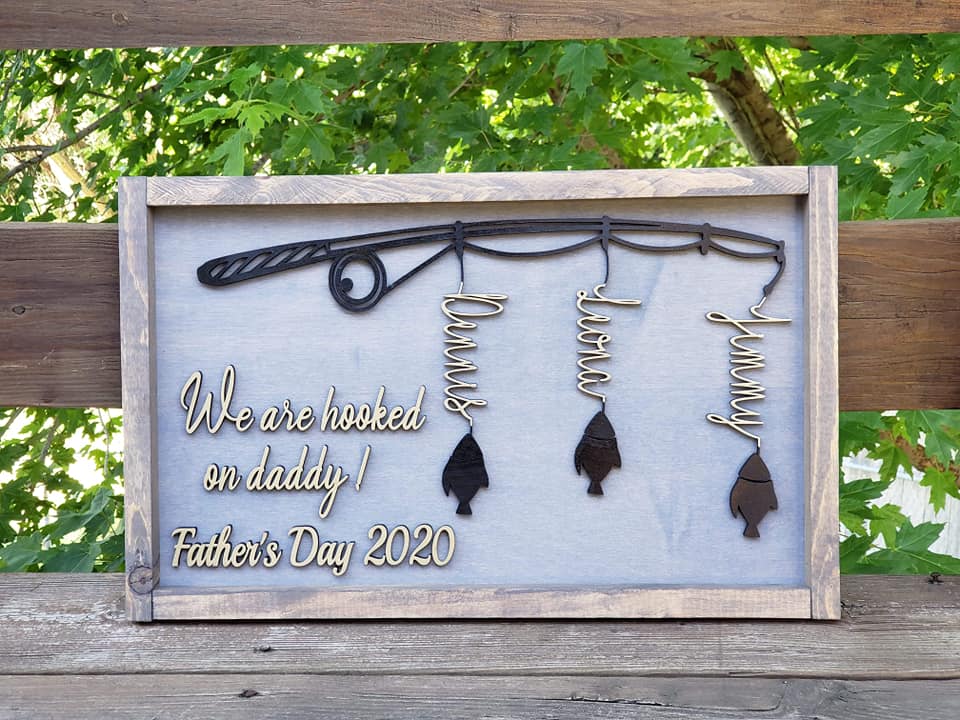 Father Day Fishing Pole Custom Sign  | Black letters and pole