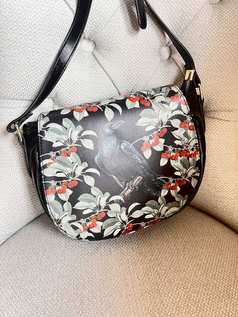 Crow in the berry bush Vegan Leather crossbody saddle bag | Sense Forest