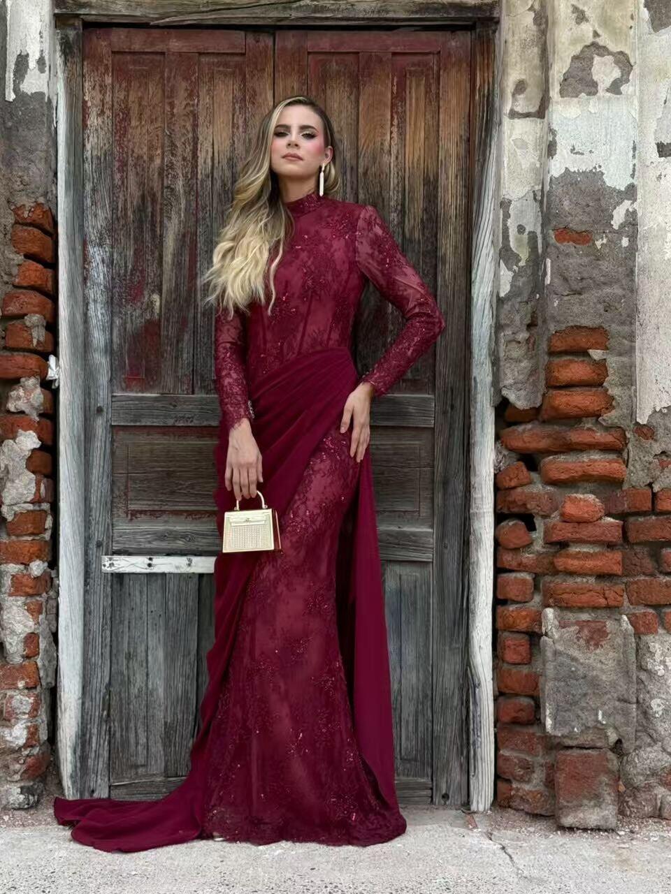 Luxury Lilac High Neck Beaded Mermaid Evening Dress LA73407