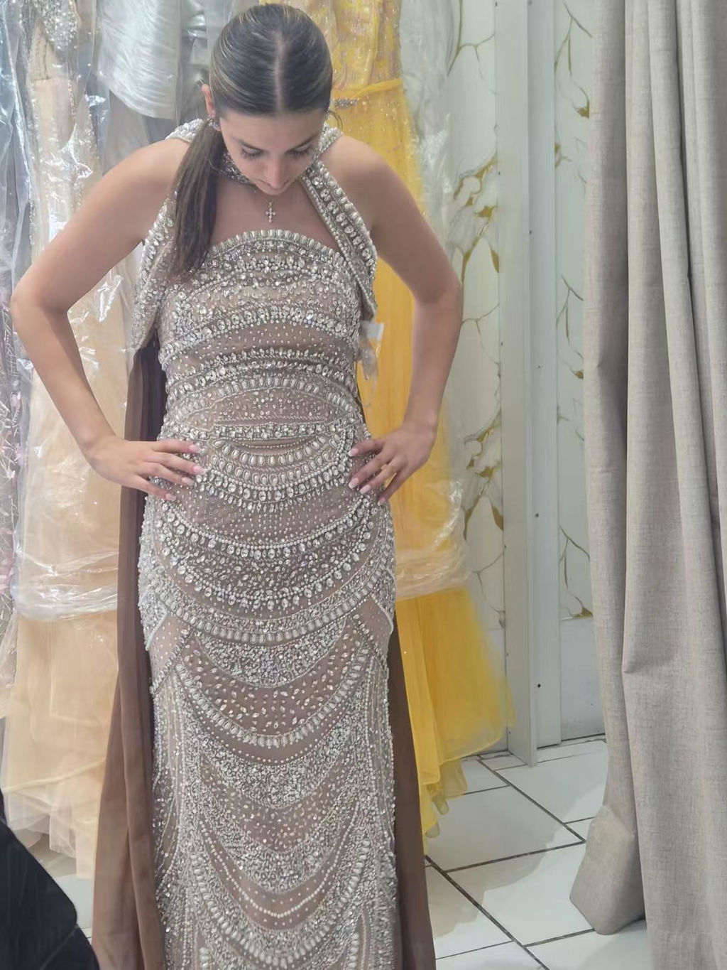 Luxury Caramel Kosovo Beaded Evening Dress with Cape LA73344