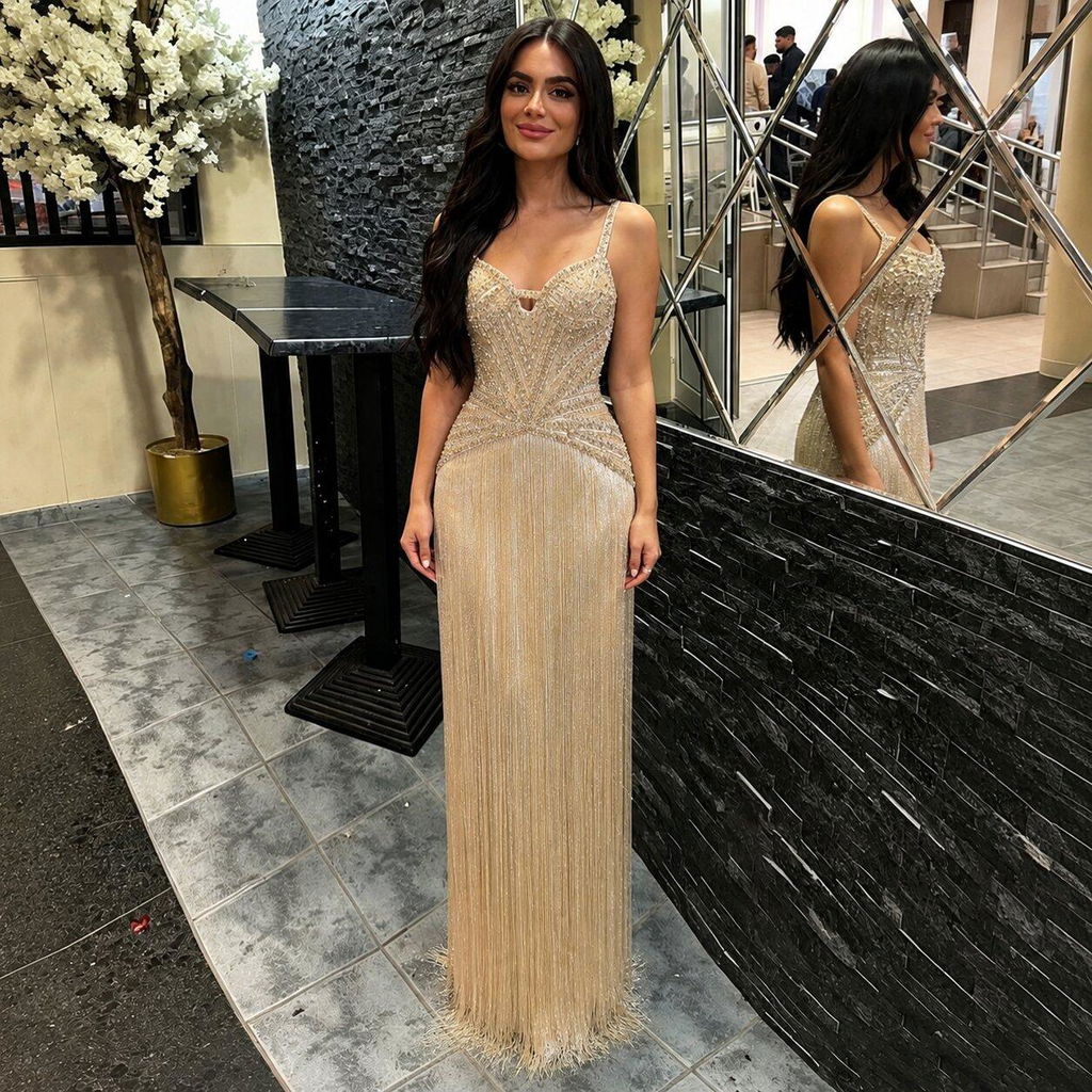 Luxury Arabic Gold Mermaid Beaded Tassel Evening Dress LA73446