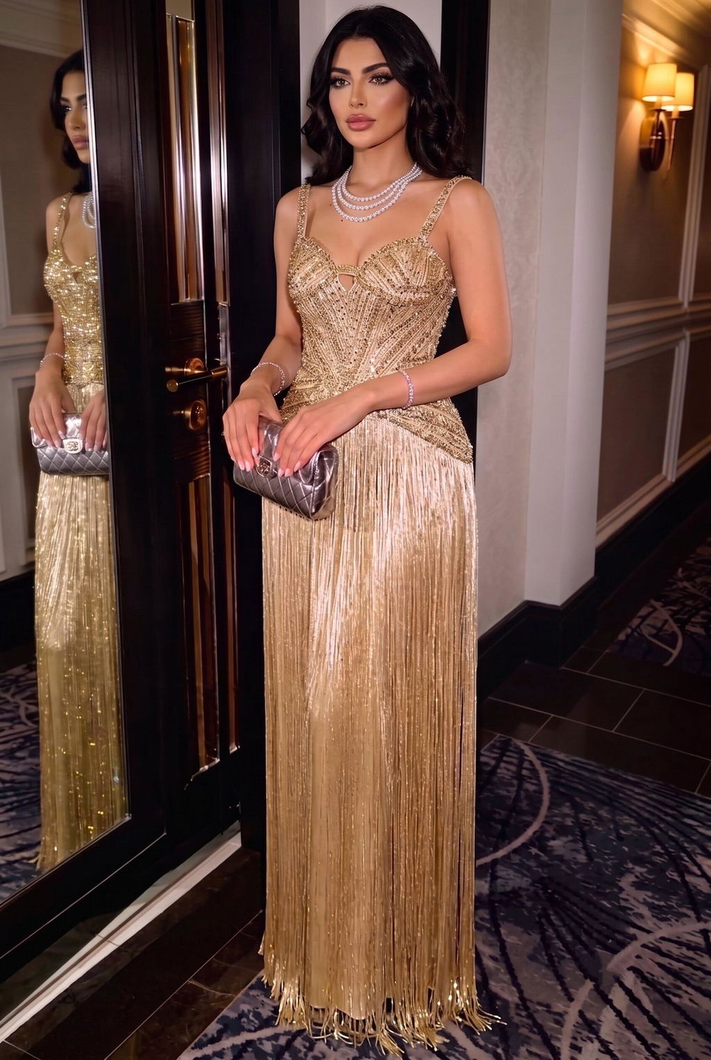 Luxury Arabic Gold Mermaid Beaded Tassel Evening Dress LA73446