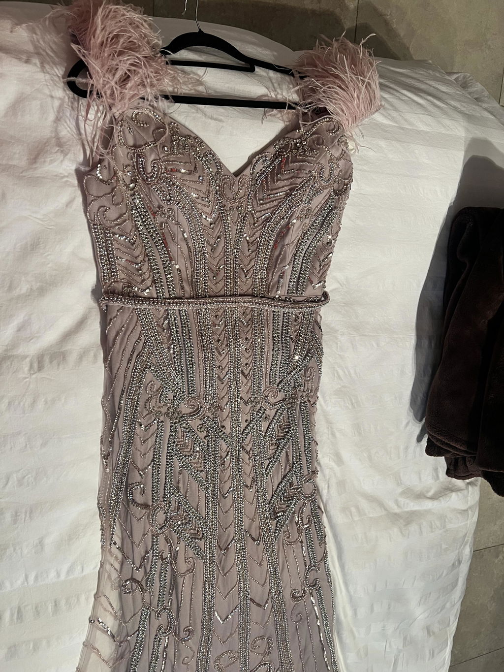 Luxury Lilac Beaded Mermaid Evening Dress Gown with Feathers LA70830