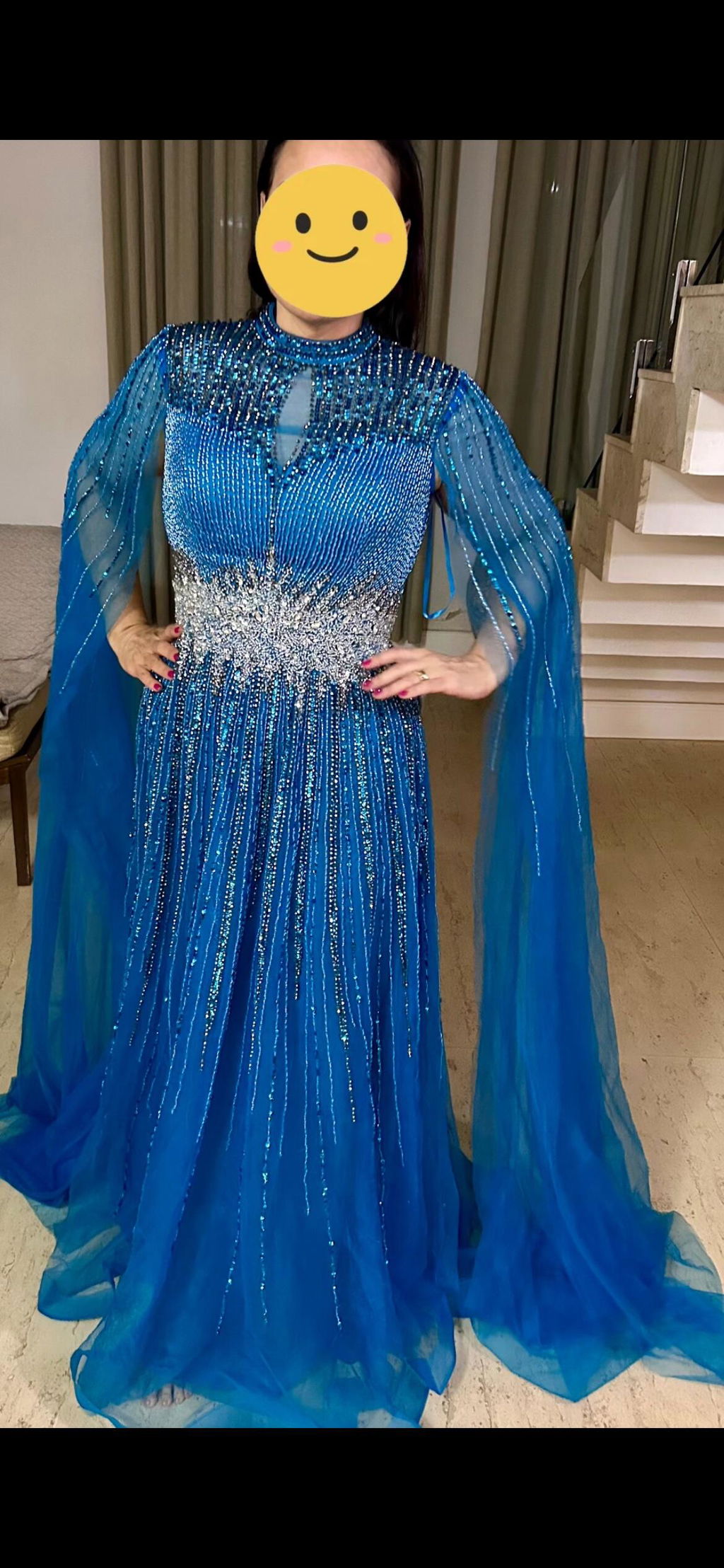 Luxury Modest Blue Beaded Evening Dress with Cape LA73059