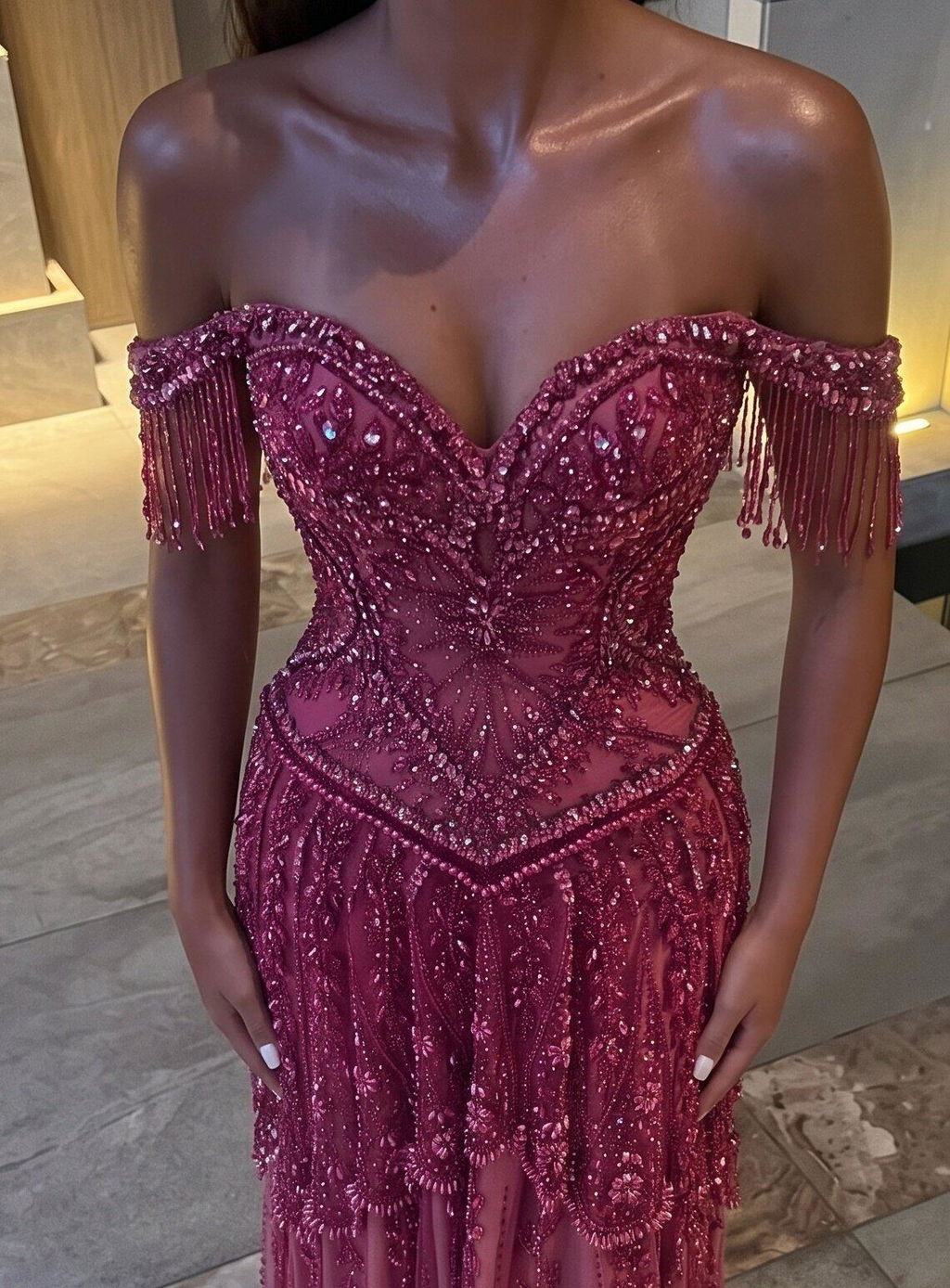 Luxury Fuchsia Beaded A-Line Evening Dress With Tassels LA73594