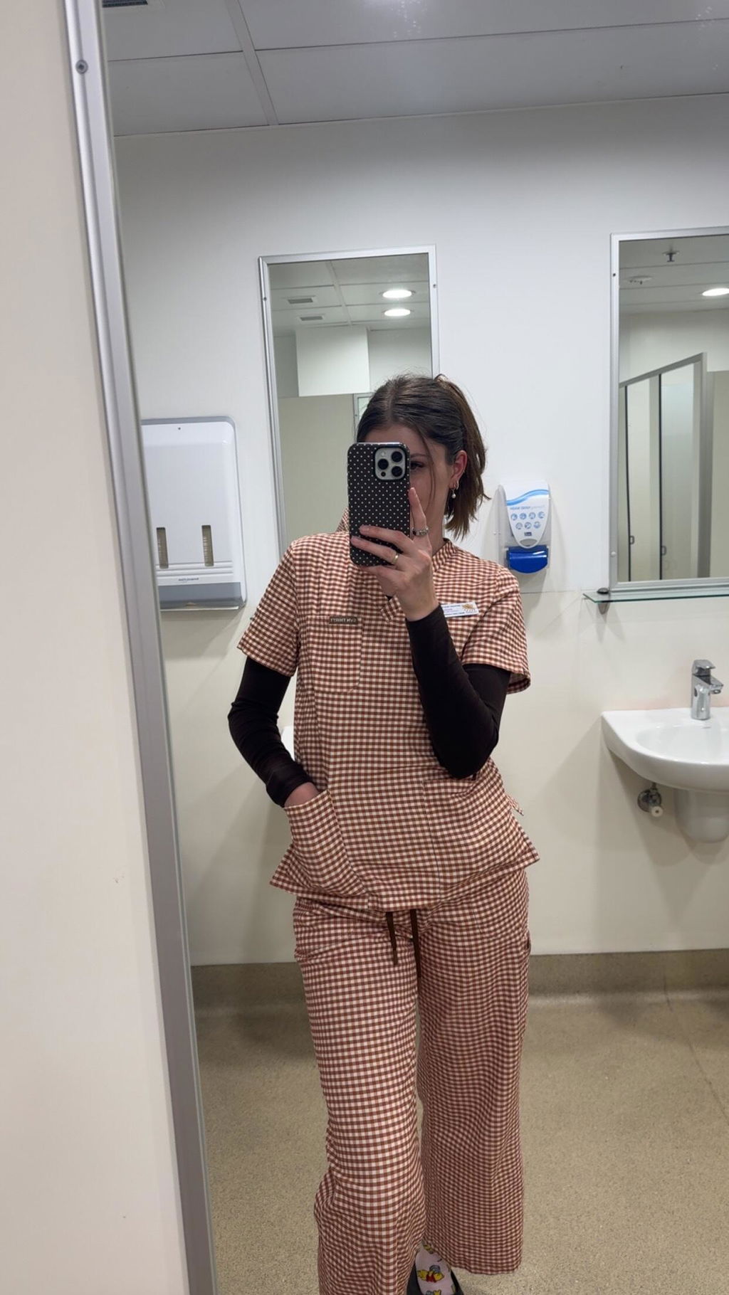 Three Pocket Scrub Top Cappuccino Gingham