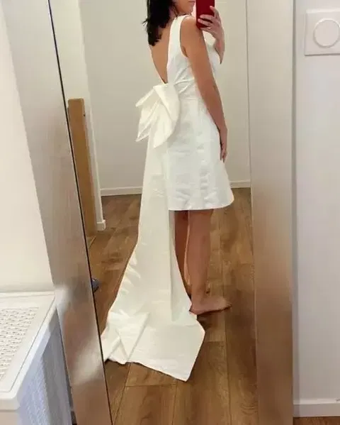 Short Mini Satin V Neck Bridal Gown Large Bow Open Back Sleeveless Above Knee Length Wedding Party Dress wedding dress