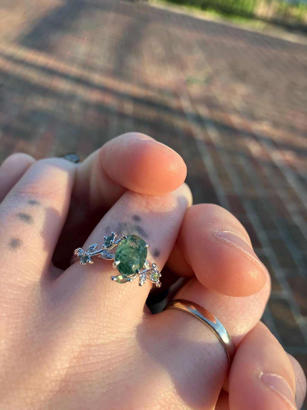 Nature Inspired Moss Agate Leaf Engagement Ring Set, Oval Shape Mossy Agate Rose Gold Wedding Set, Twig Branch Bridal Set Anniversary Ring