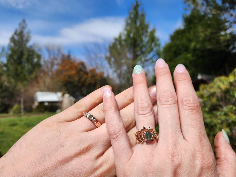 Hammered Design His and Hers Baguette Moss Agate Promise Couple Ring Set, Rose Gold Wedding Band Matching Band Men's Women's Engagement Ring