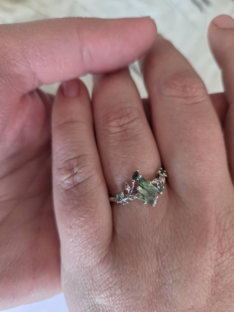 Platinum Kite Cut Moss Agate Leaf Engagement Ring Set, 14K White Gold Twig Branch Promise Wedding Ring, Silver 925 Vine Bridal Set For Women