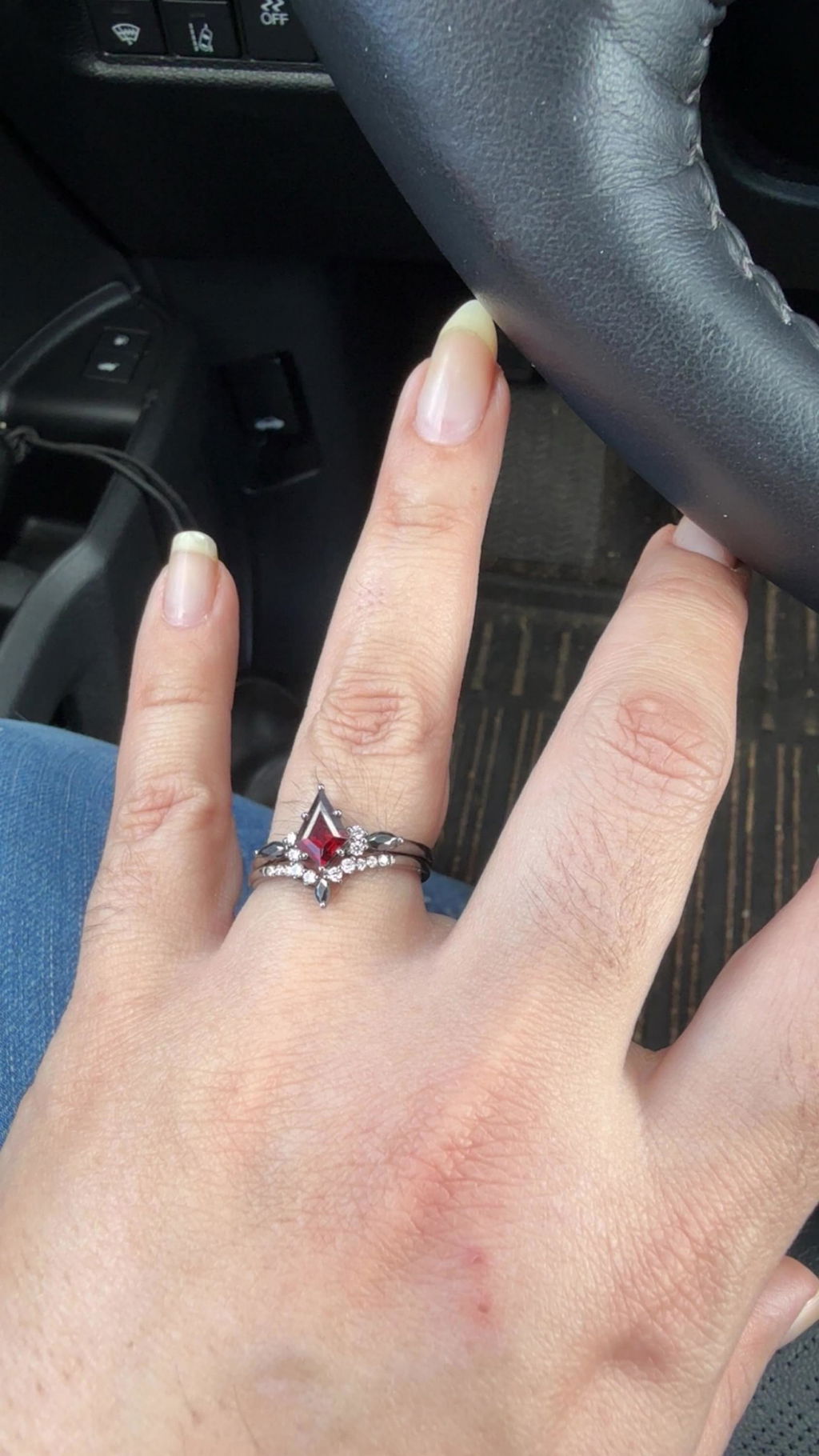 Black Rhodium Kite Shape Garnet Engagement Ring Set, Unique Black Promise Ring, Black Wedding Ring , Gothic Black Bridal Set for Women