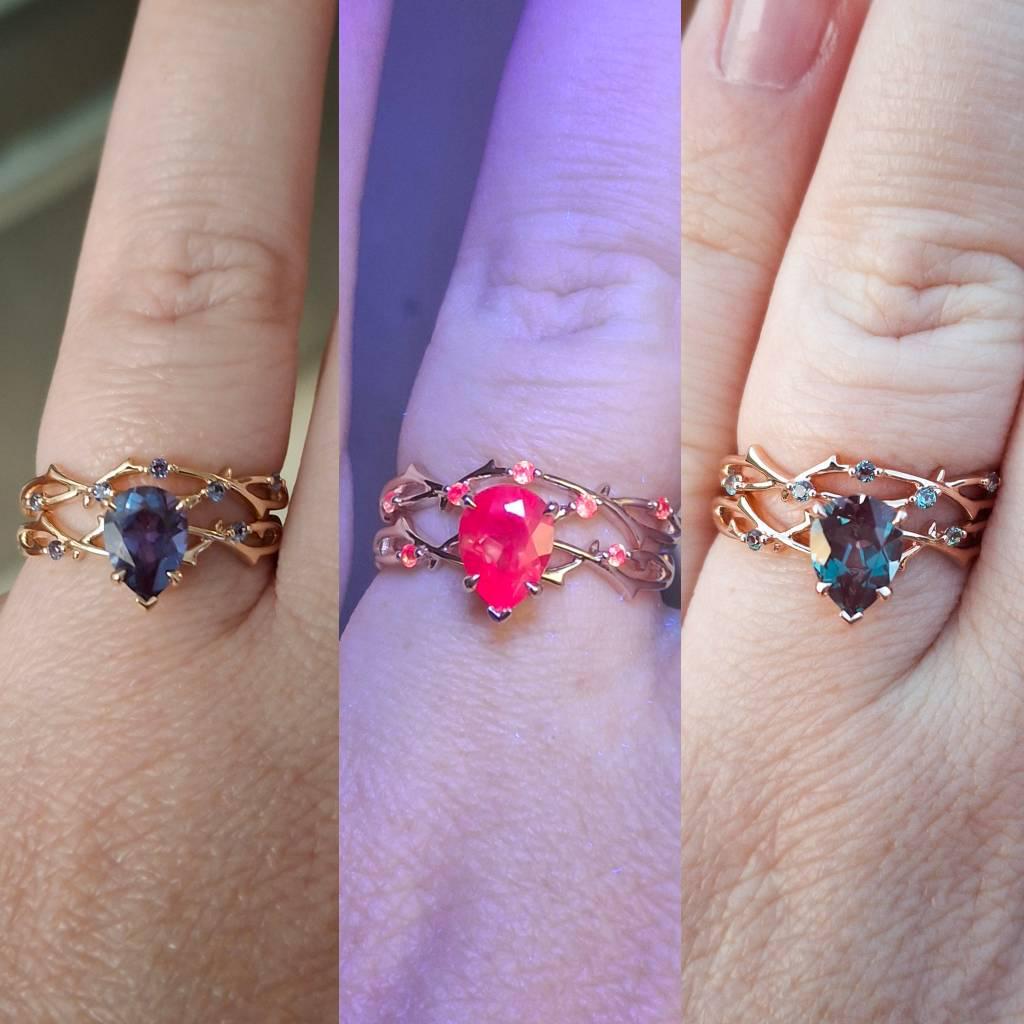 Twig Pear Cut Alexandrite Nature Inspired Engagement Ring Set Vintage 14K 18K Gold Branch Twisted Promise Wedding Ring Bridal Set  For Women
