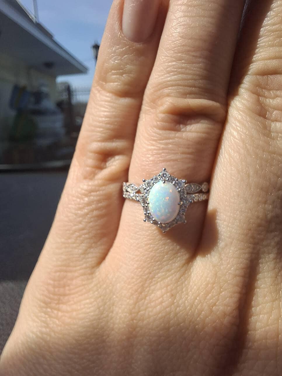 White Fire Opal and Diamond Engagement Ring Set Unique Oval Cut Opal Rose Gold Halo Promise Ring Bridal Set Anniversary Ring Gift for Women