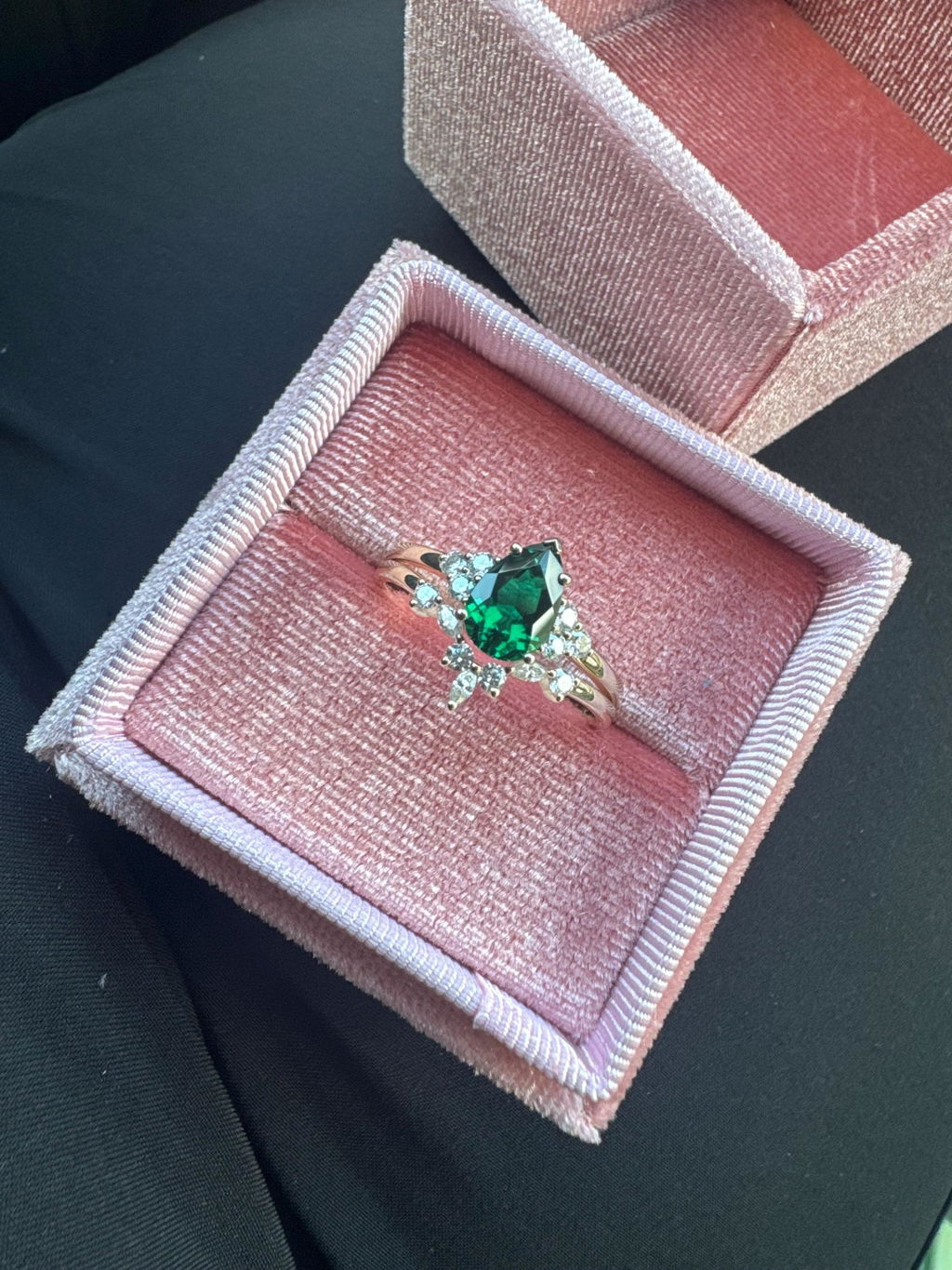 Vintage Pear Cut Emerald Engagement Ring Set, Unique Silver Wedding Ring Art Deco White Gold Bridal Set, May Birthstone Promise Ring for Her