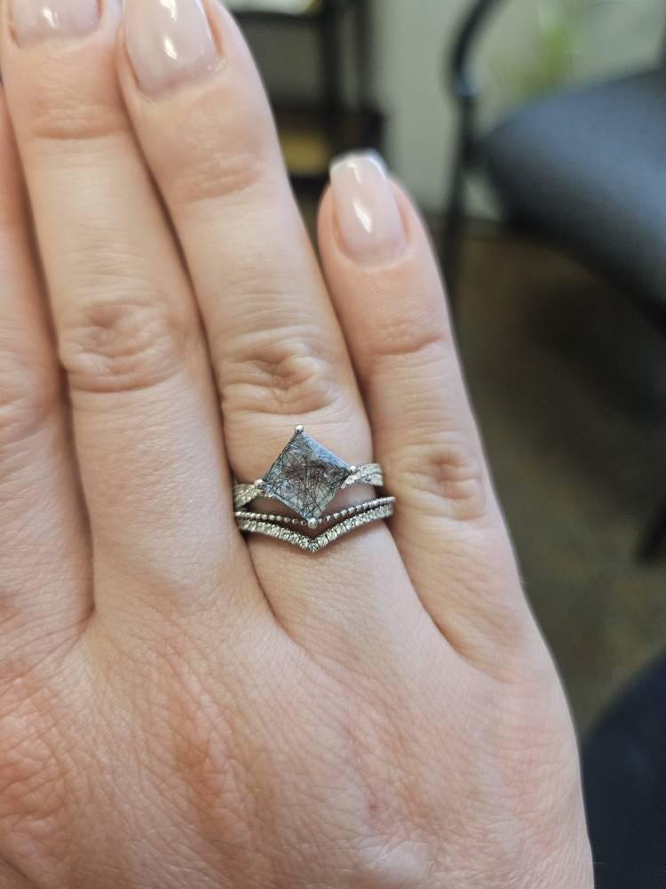 Unique Princess Black Rutilated Quartz Engagement Ring, Black Quartz and Moissanite Twist Band Wedding Ring, White Gold Promise Ring for Her