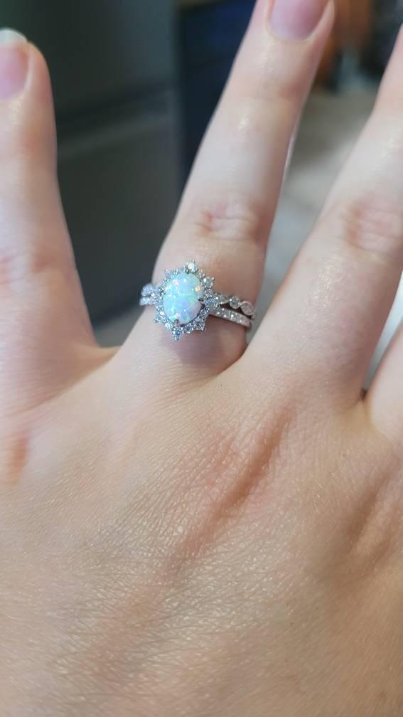 White Fire Opal and Diamond Engagement Ring Set Unique Oval Cut Opal Rose Gold Halo Promise Ring Bridal Set Anniversary Ring Gift for Women