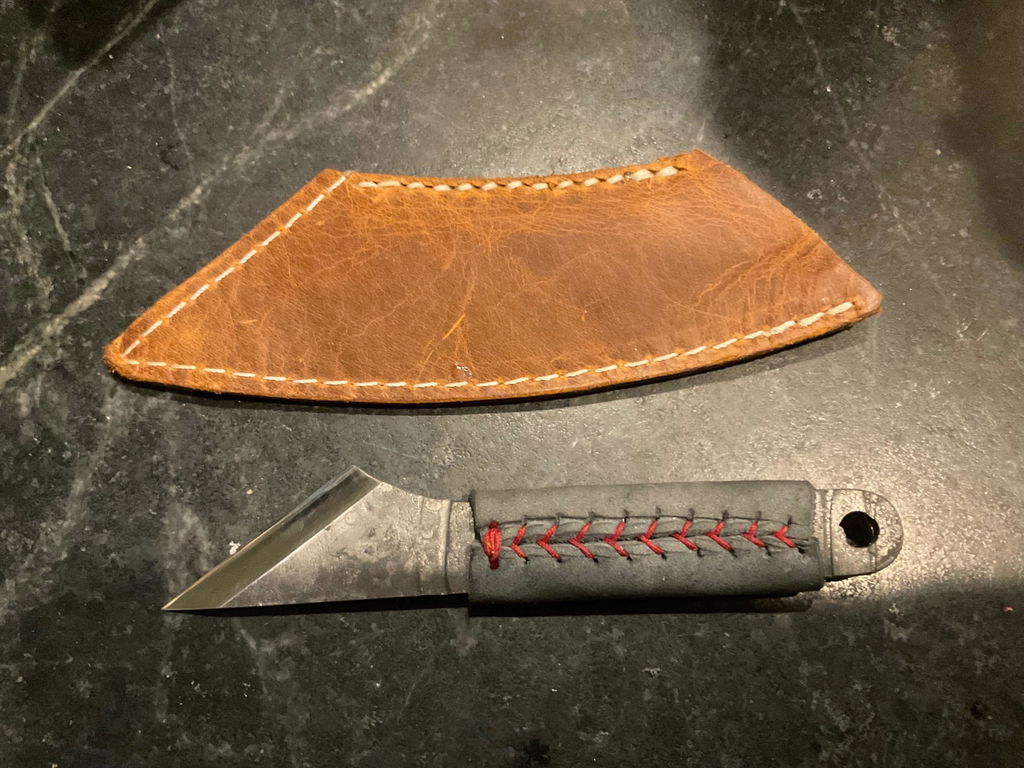 Hand-Forged Kiridashi Knife, 14 cm (5.51 inches) with Leather Sheath