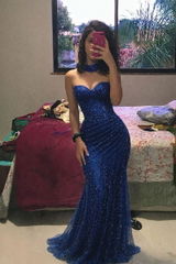 Elegant Royal Blue Strapless Sequin Evening Dress with Scarf SH566