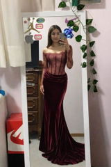 Wine Red Lace and Velvet Long Sleeves Mermaid Evening Dress SF056