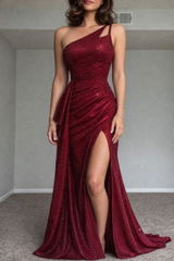 Wine Red Shimmering One-Shoulder Mermaid Prom Dress SH114