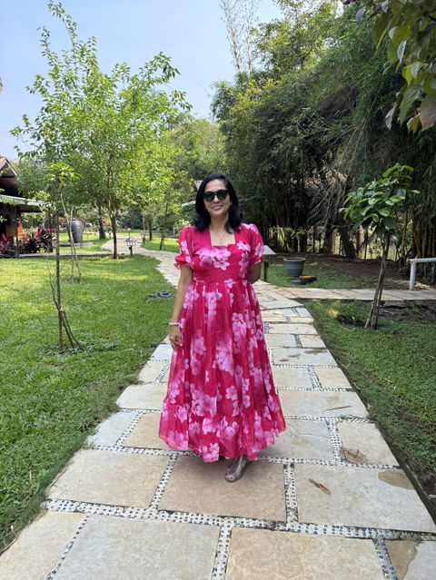 Pink Floral Maxi Dress Fit & Flare In Organza
