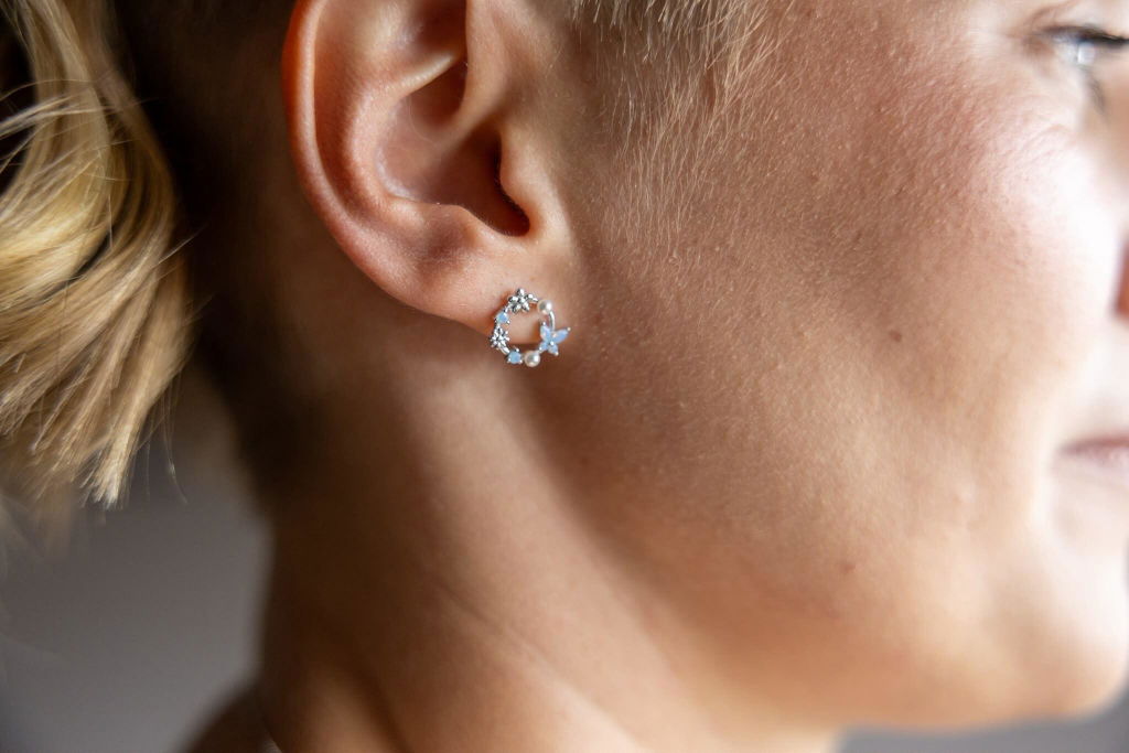 Sterling Silver Tiny Flower Wreath Stud Earrings - Opal Blue - Silver or Gold or Rose Gold, CZ Circle Flower and Butterfly Stud Earrings