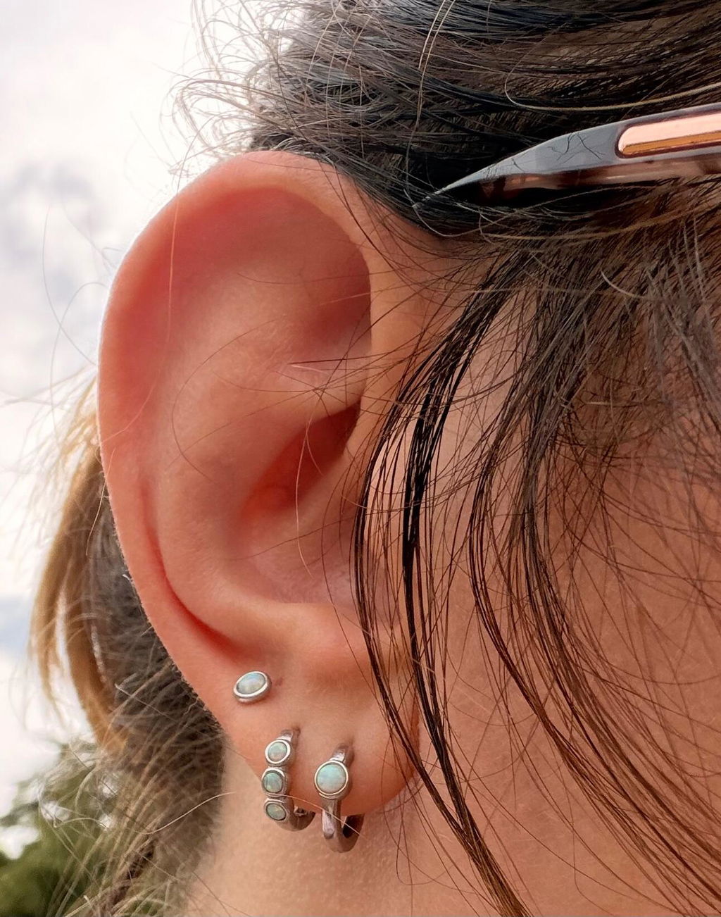 Opal Huggie Hoops in Sterling Silver, 8mm Opal Hoops, Blue Opal or White Opal, Silver or Gold, Dainty Opal Hoops Earrings, Fire Opal Earring