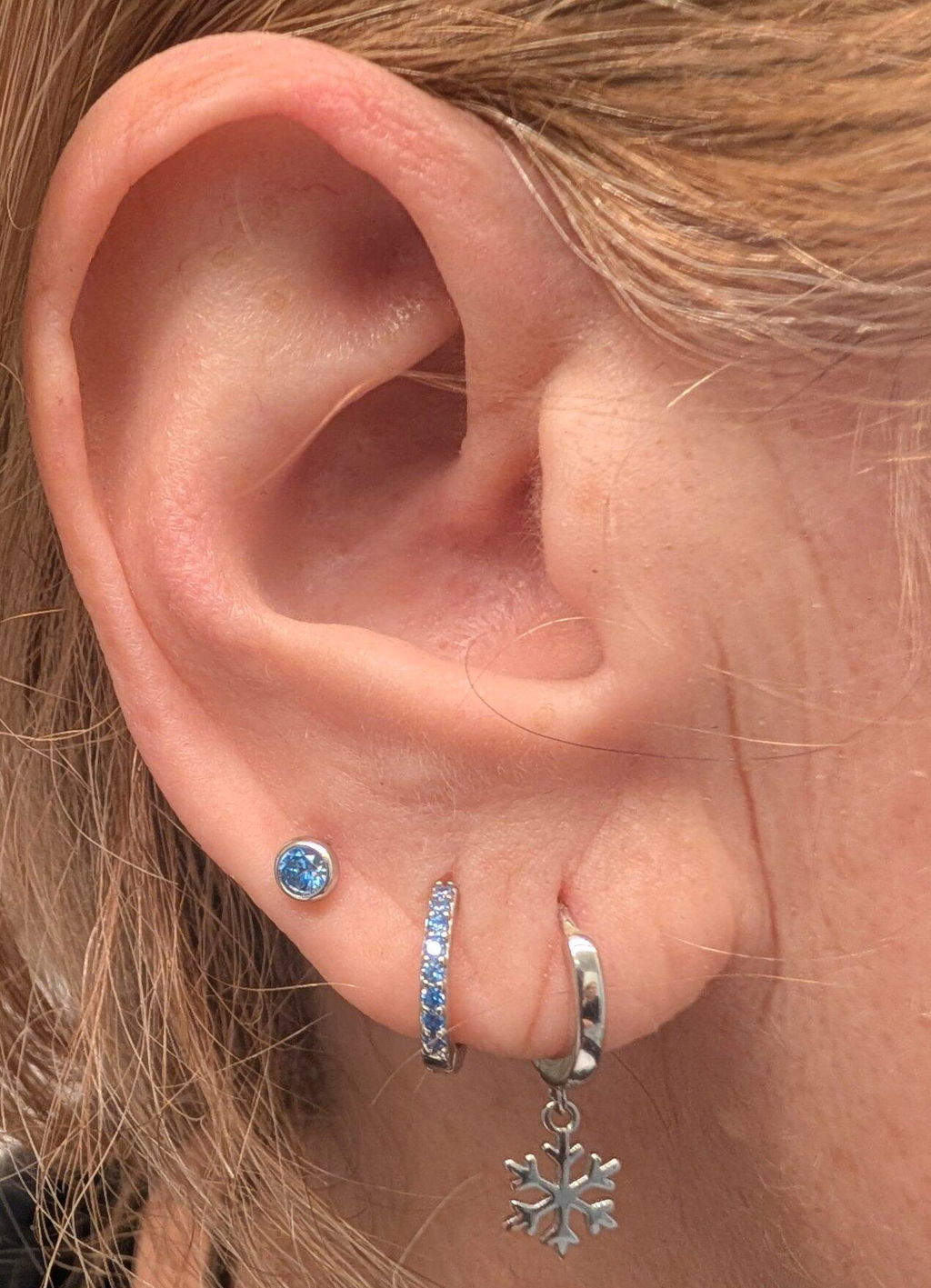Aquamarine Blue CZ Huggie Hoop in Sterling Silver,  8mm Inner Diameter, Stacking Earrings, March Birthstone