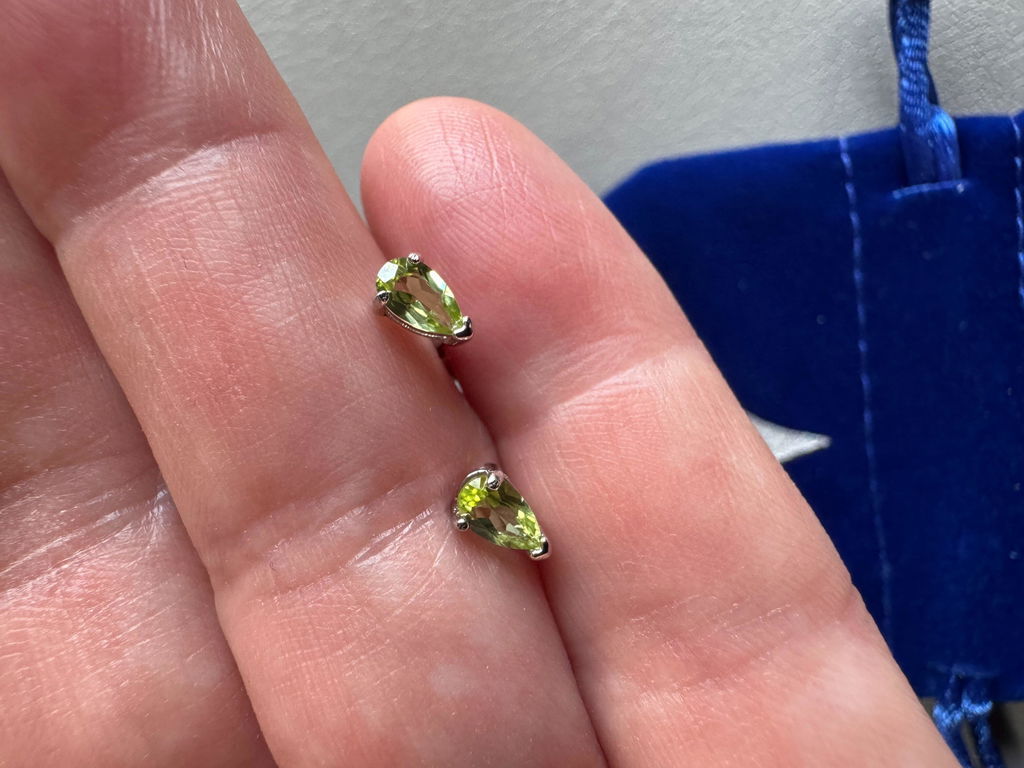 Genuine Peridot Pear Stud Earrings in Sterling Silver, 3x5 mm Droplet Stud Earrings, Tiny Peridot Earrings, August Birthstone