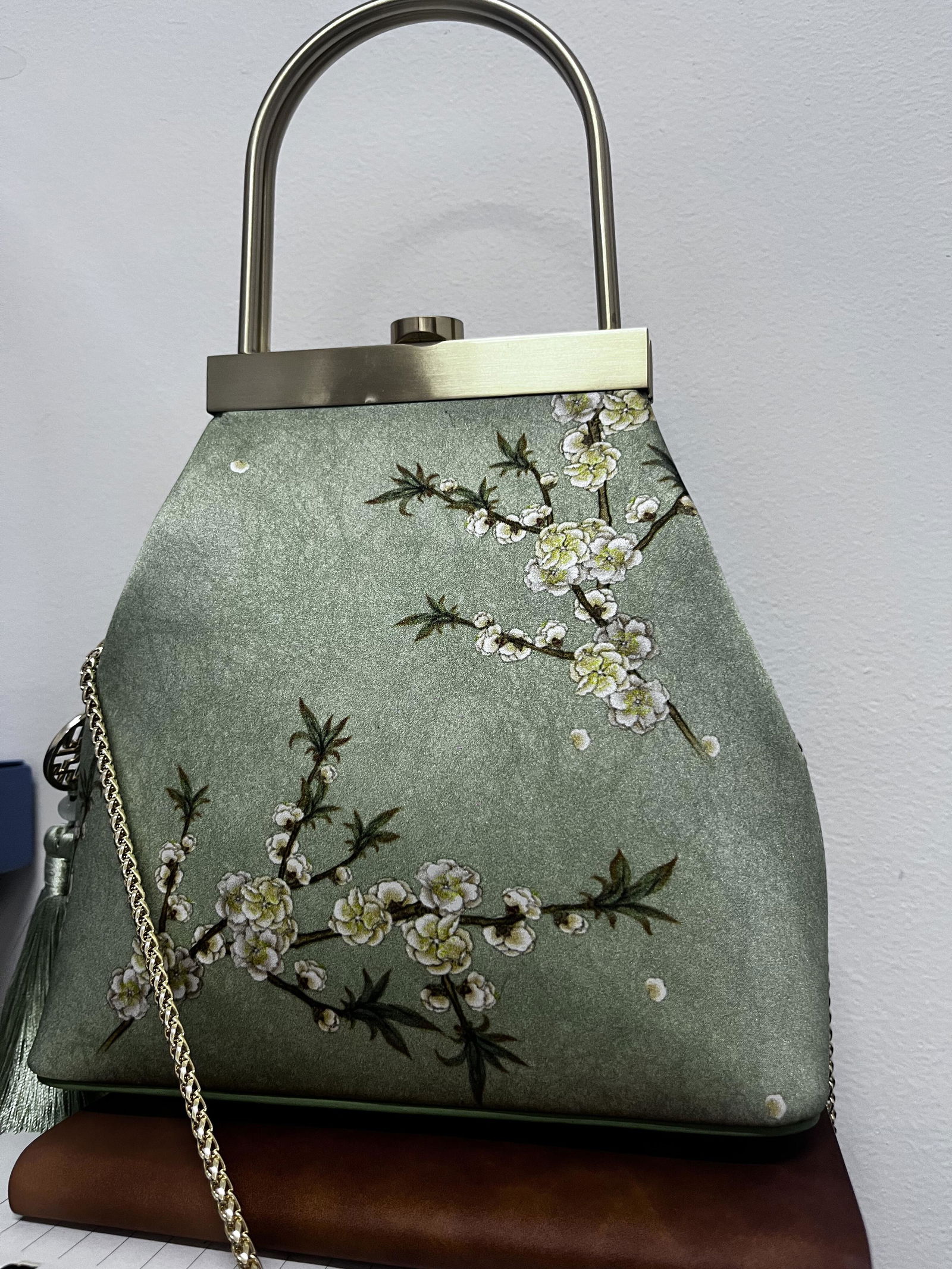 Mint Green Silk Kiss Lock Clutch Vintage Plum Blossom Evening Bag