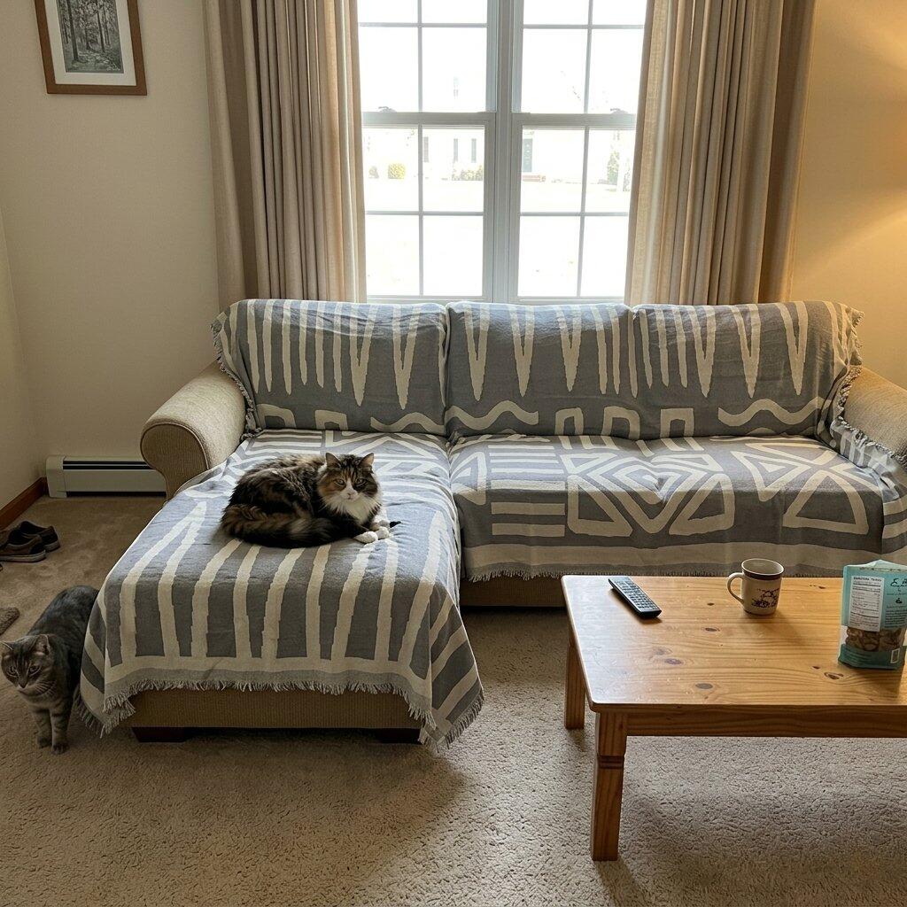 Customer photo from Catherine Taringa showing the Geometric Chenille Couch Blanket on their sofa