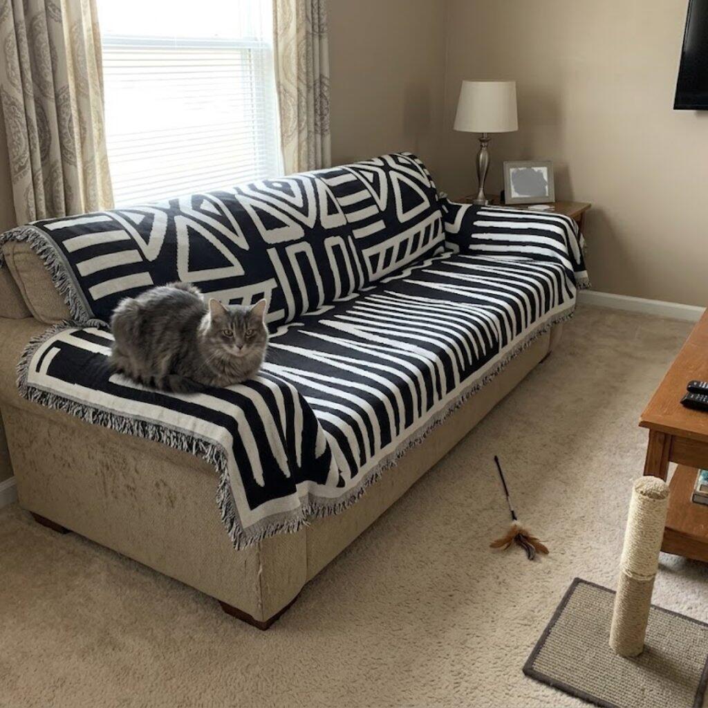 Customer photo from Marrie showing the Geometric Chenille Couch Blanket on their sofa